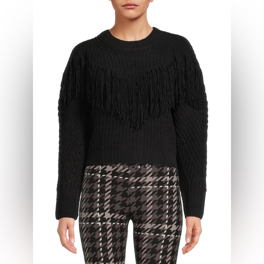 No Boundaries Black Fringe Crew Neck Sweater